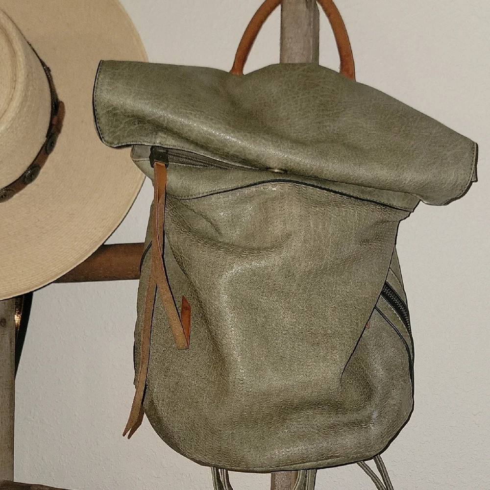 Green Roll-Top Backpack with Leather Accents